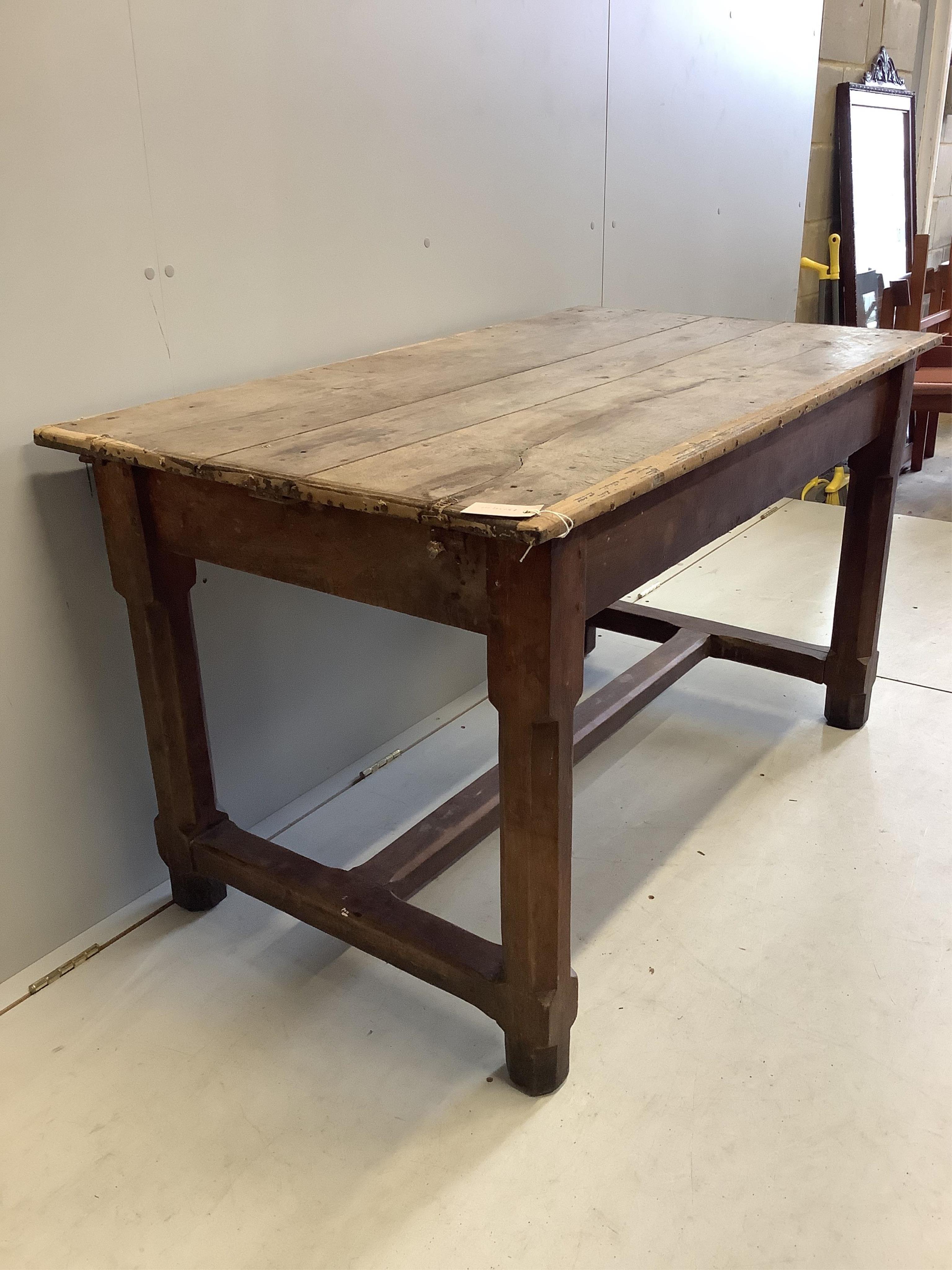 A small 19th century French oak farmhouse table, width 130cm, depth 72cm, height 73cm. Condition - poor